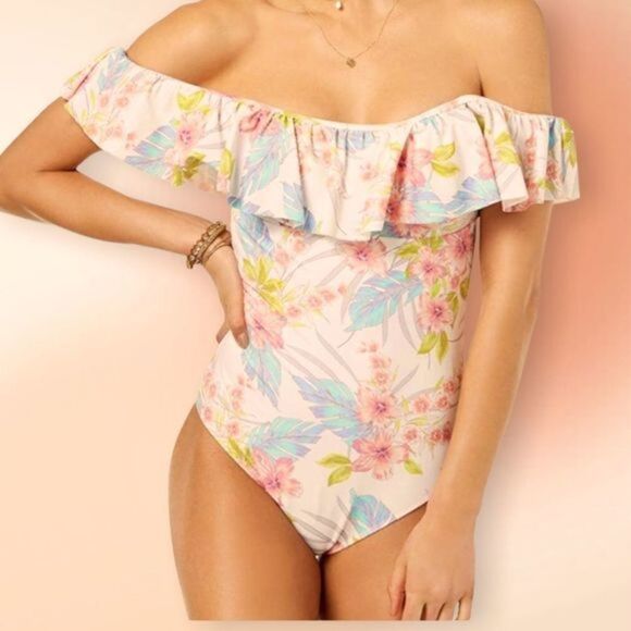 RAISINS Floral Off the Shoulder‎ Floral One Piece Ruffled Swimsuit Med - Picture 2 of 14